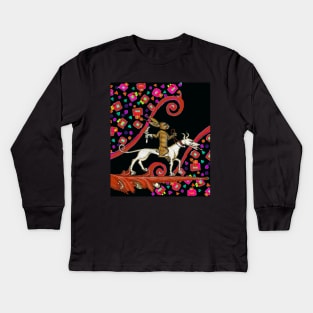 WEIRD MEDIEVAL BESTIARY Rabbit Riding a White Dog as a Knight Kids Long Sleeve T-Shirt